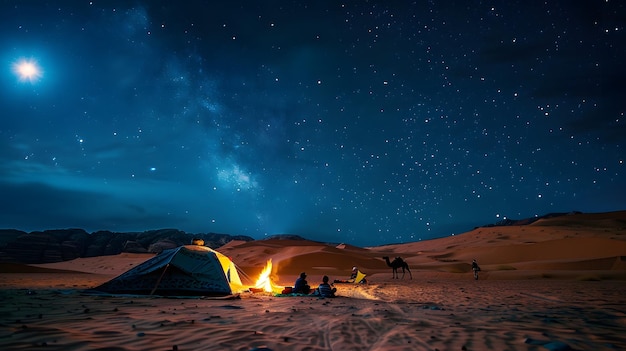 a campfire with a arabian night sky and stars in the background