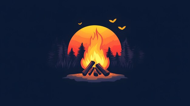 Photo campfire with burning flames in a forest at night