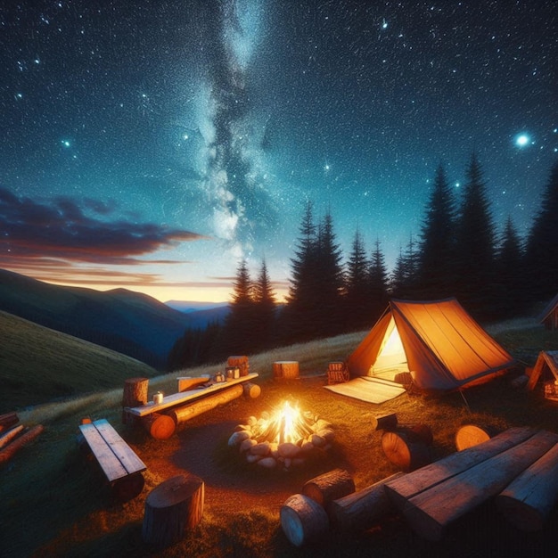 a campfire with a campfire and a campfire in the foreground