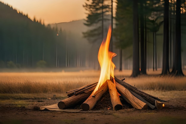 A campfire with a forest in the background