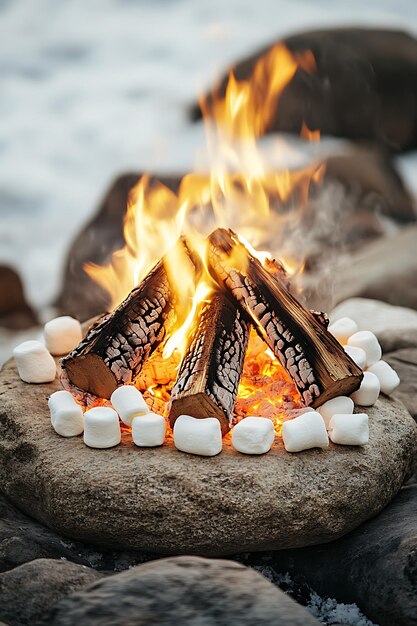 Photo campfire with marshmallows on a rock by the sea