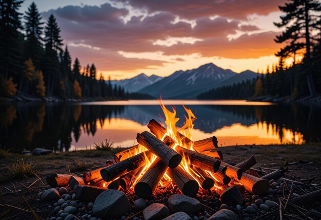 Photo a campfire with a mountain in the background and a lake in the background