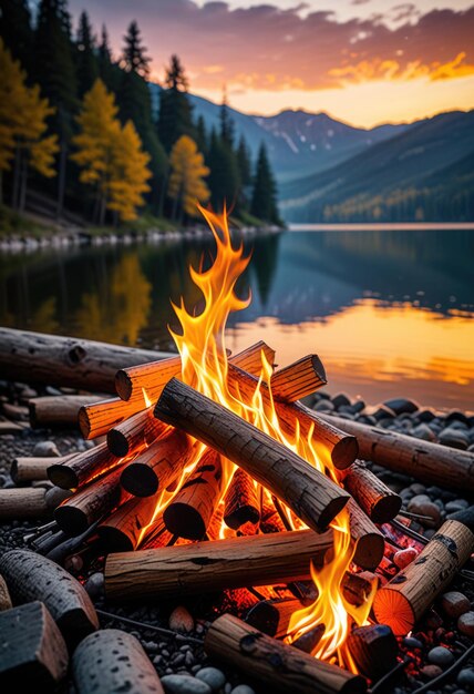 Photo a campfire with a mountain in the background