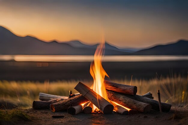 a campfire with a mountain in the background