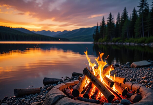 Photo a campfire with mountains in the background