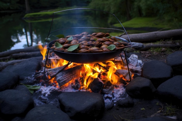 Campfire with mussels on a grill surrounded by nature created with generative ai