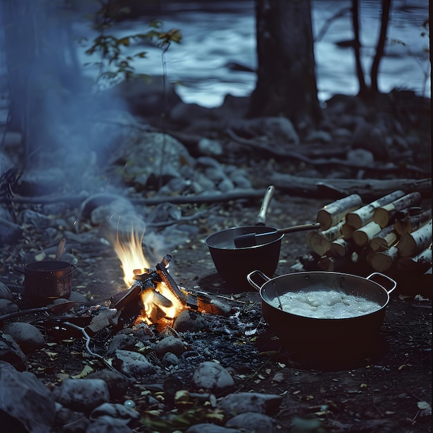 Photo a campfire with a pot of rice on it and a fire in the background