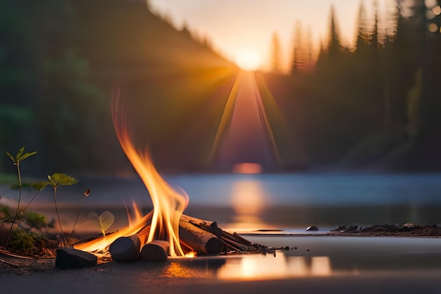 a campfire with a sunset in the background