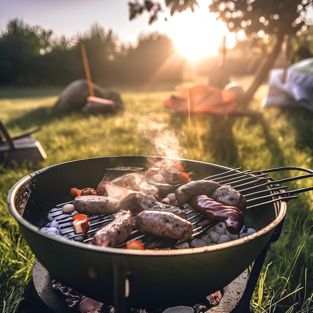 A campfire with a tent in the background and a grill with sausages cooking on it.