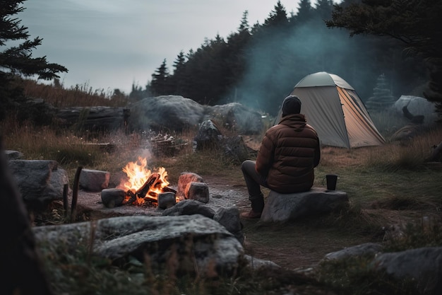 Campfire with tent in beautiful nature outdoor activity