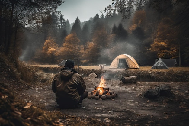 Campfire with tent in beautiful nature outdoor activity