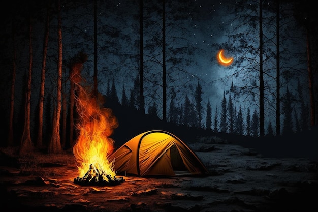 A campfire in the woods with the moon in the background