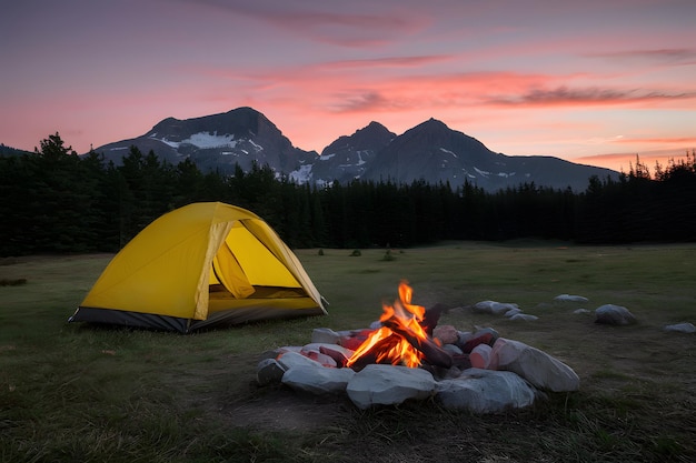 Campground scene at sunset tent campfire and serene mountain backdrop