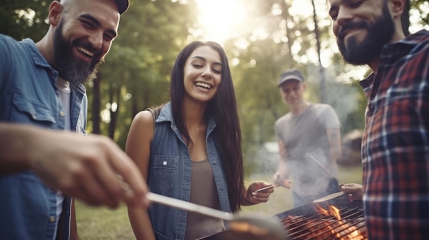 In a campground a young woman and a guy grin while the male tastes grilled BBQ Generative AI