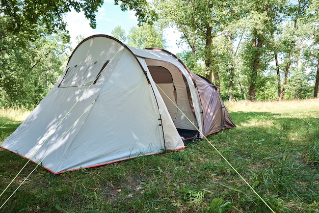 Campimg tent in pine forest in summer day. Tourist camp