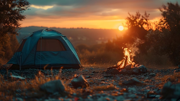 Camping Adventure High Resolution Photo Realistic Sunset Image with Tent Campfire and Backpacker