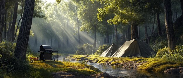 Photo camping adventure with tents and scenic outdoors