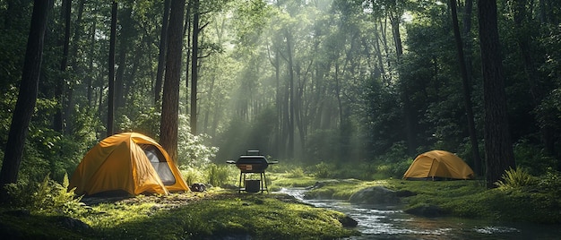 Camping Adventure with Tents and Scenic Outdoors