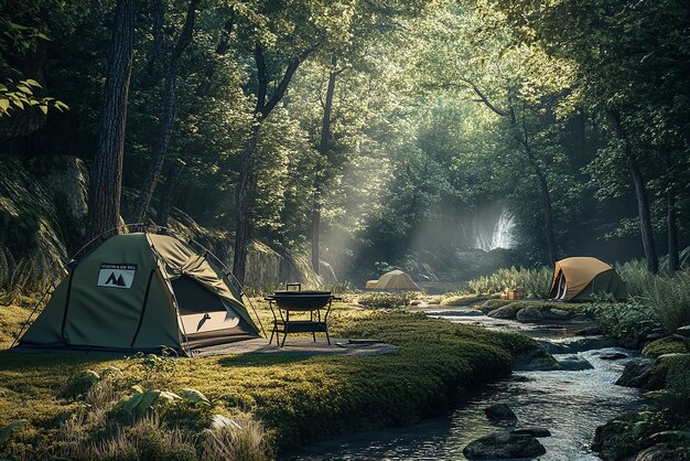 a camping area with a tent and a camp site in the background