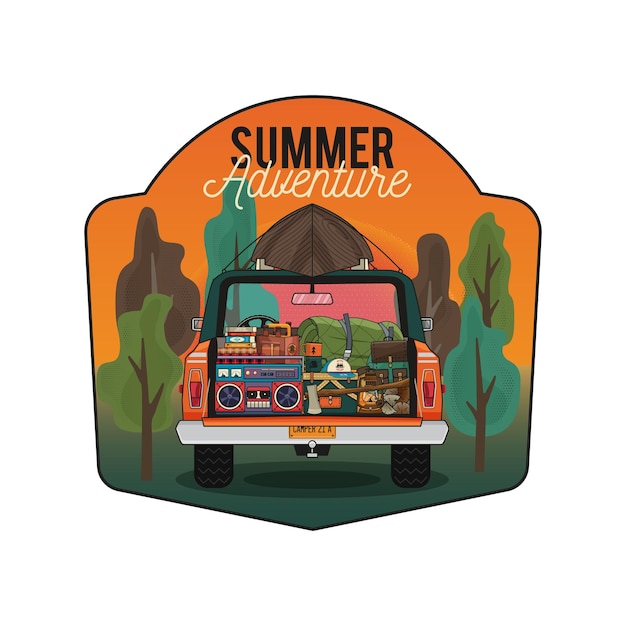 Photo camping badge design with camper car and hiking equipmentaxe tape recorder woods and quotesummer adventure travel logo graphics stock label