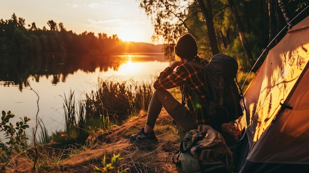 Photo camping by the lake at sunset