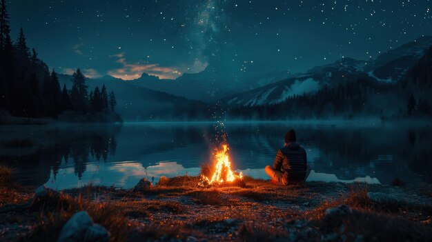 Photo camping by mountain lake at night with campfire under starry sky