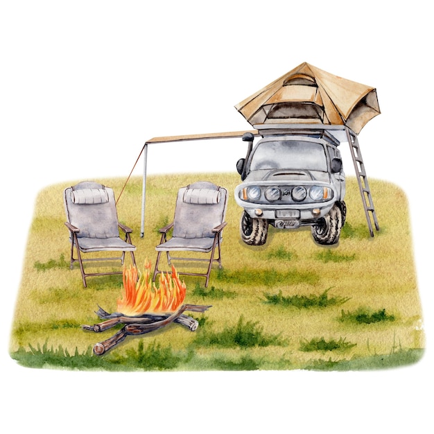 Camping composition Car with roof top tent awning chairs campfire on grass Watercolor Illustration