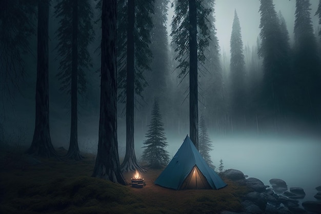 Camping in a dark foggy forest campfire night forest fog moonlight cozy evening by the fire AI