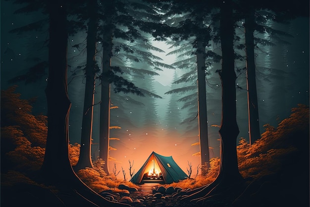 Camping in a dark foggy forest campfire night forest fog moonlight cozy evening by the fire AI