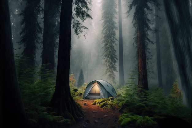 Camping in a dark foggy forest campfire night forest fog moonlight cozy evening by the fire AI