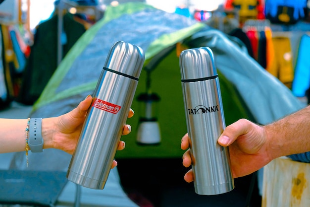 camping equipment like tent or helmet on display in store