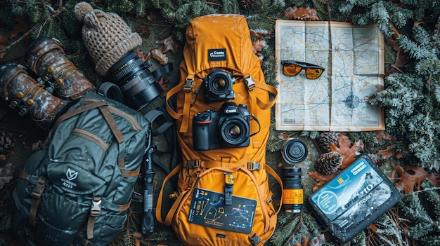 Photo camping equipment in the woods hiking gear collection