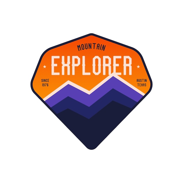 Camping explorer logo badge design with mountains Camp badge graphics in retro style Travel colorful emblem Stock label isolated