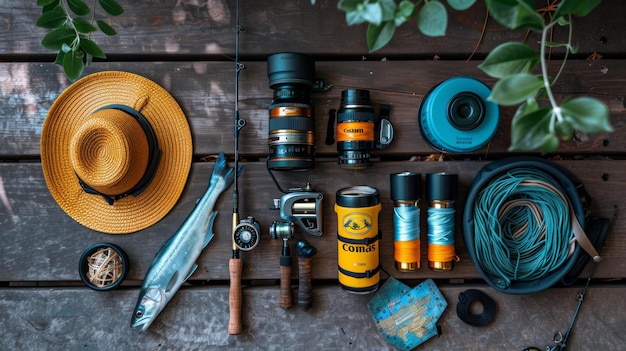 Photo camping and fishing gear assortment