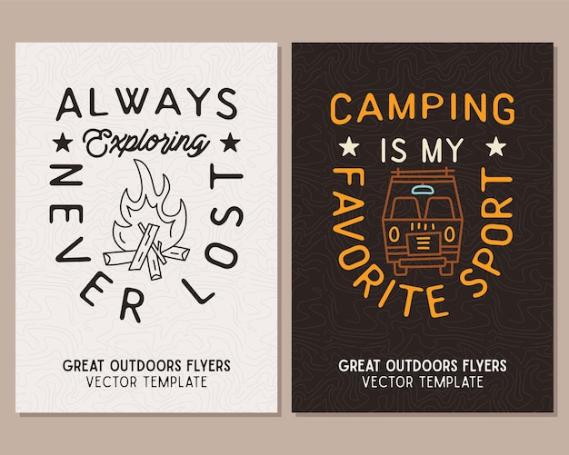 Photo camping flyer templates travel adventure posters set with line art and flat emblems and quotes always camping never lost summer a4 cards for outdoor parties stock