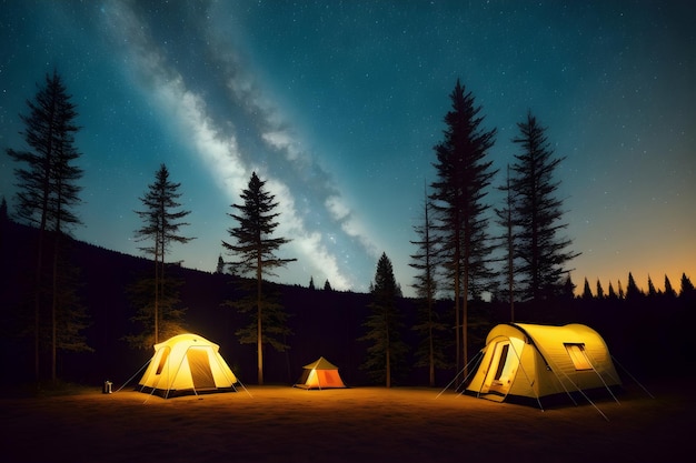 Camping in the forest Tent in the jungle under the evening night sky full of stars and Milky way nature landscape background Outdoor lifestyle concept Generative AI