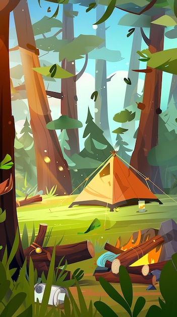 Camping in forest with tent and firewood for fire