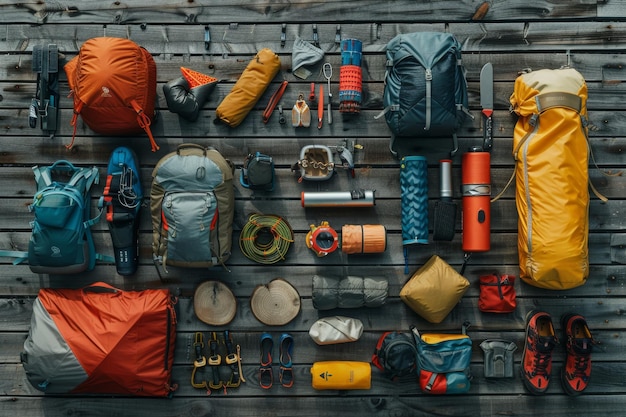 Photo camping gear arranged in a flat lay on a dark wooden background showcasing essentials for outdoor