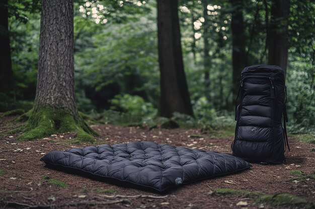 Photo camping gear black sleeping blanket and backpack