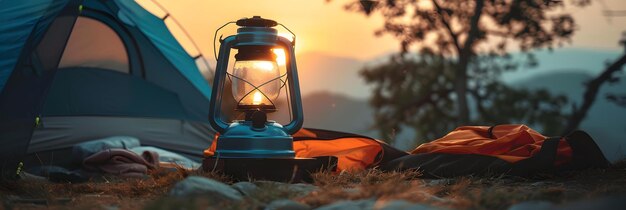 Photo camping gear including tent and lantern at sunset