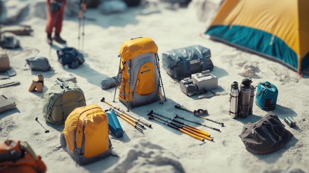 Photo camping gear spread out on snowy ground