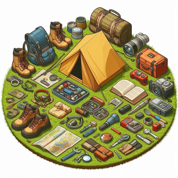 Photo camping gear and tent layout