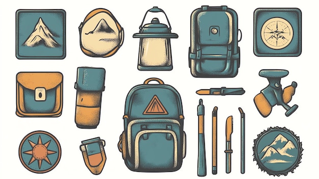 Camping and hiking equipment including backpacks a lantern a compass and hiking poles