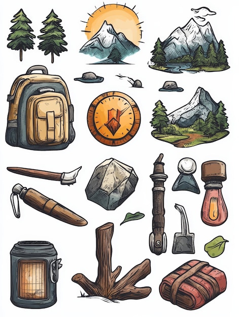 Camping Hiking Essentials Hand Drawn Illustrations