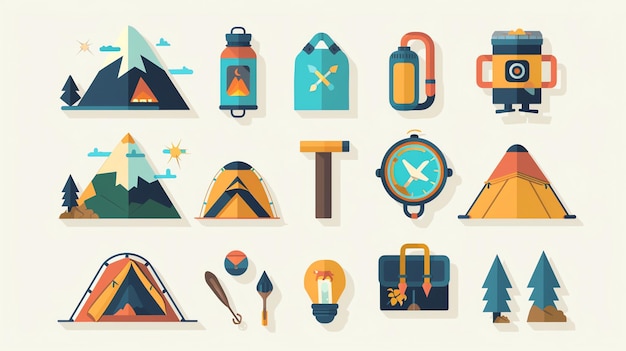 Camping and hiking flat icons set