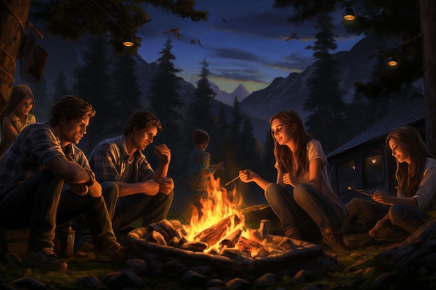 Camping on the lake at night in the forest People are sitting by the fire ai generated