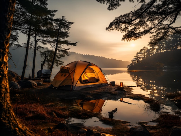 camping on a lake surrounded by forest with a very beautiful natural view at sunrise