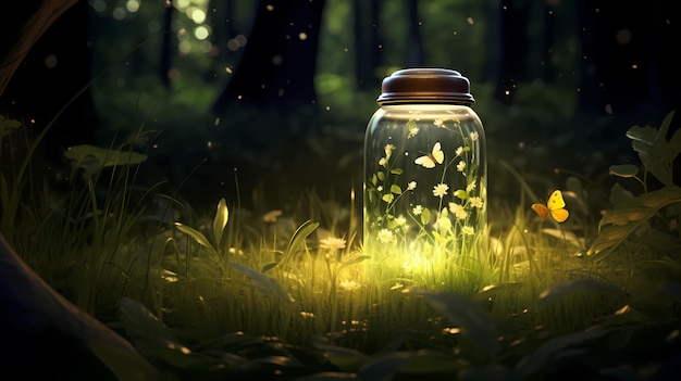 camping lantern firefliesfirefly lights fairy backgroundglass jar lantern forest illustration