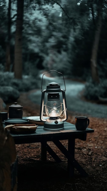 Photo camping lantern on the table in the forest