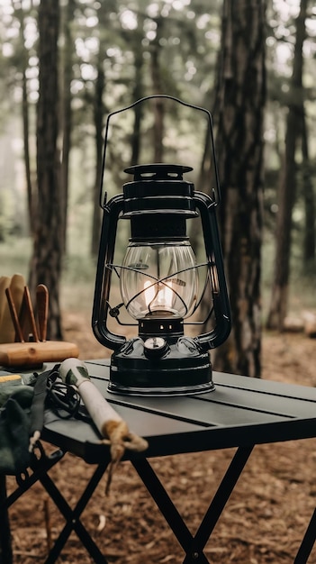 Photo camping lantern on the table in the forest